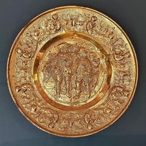 Vintage Dutch Brass Wall Plate 14.5" Embossed European Village Made Holland